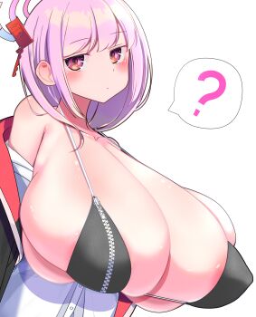 Rule 34 | 1girl, ?, areola slip, blue archive, breasts, bursting breasts, dot nose, eimi (blue archive), eimi (swimsuit) (blue archive), female focus, half-closed eyes, huge breasts, kuyu730, looking at viewer, pale skin, pink eyes, pink hair, shiny skin, short hair, solo