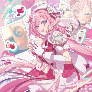 1girl ;p absurdres beret breasts commentary cup diamond-shaped_pupils diamond_(shape) dress earrings elf elysia_(hi_love_elf)_(honkai_impact) elysia_(honkai_impact) english_commentary food gloves hat heart heart_earrings highres holding holding_cup honkai_(series) honkai_impact_3rd ice_cream jewelry large_breasts long_hair one_eye_closed open_mouth pink_hair pointy_ears purple_eyes red_dress second-party_source soha_ez solo sundae symbol-shaped_pupils tongue tongue_out two-tone_dress very_long_hair white_dress white_gloves