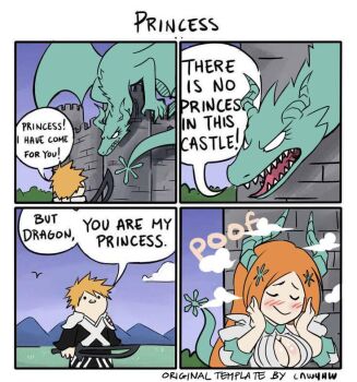 1boy 1girl 4koma bleach bleach:_sennen_kessen-hen breasts castle cleavage cleavage_cutout clothing_cutout comic detached_sleeves dialogue_box dragon_horns embarrassed horns inoue_orihime kurosaki_ichigo large_breasts long_hair meme orange_hair short_hair tagme