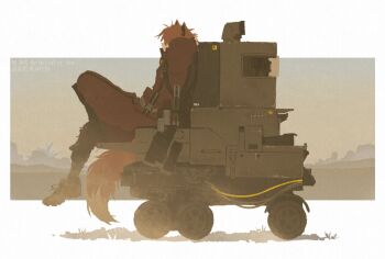 1boy 1other animal_ears arknights arms_behind_head border brown_shoes brown_sky castle-3_(arknights) chiave_(arknights) commentary dust fox_boy fox_ears fox_tail full_body haruta_(hrtco) jumpsuit mountainous_horizon outdoors red_jumpsuit shoes sitting_on_robot sneakers tail twitter_username watermark white_border