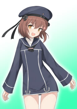 1girl anchor_ornament beret blue_dress blue_hat blush brown_hair commentary_request cosplay cowboy_shot dress gradient_background green_background hair_between_eyes hat highres kantai_collection long_sleeves looking_at_viewer medium_hair open_mouth radar_hair_ornament sailor_dress shirt short_dress sidelocks solo standing teeth thighs upper_teeth_only white_background white_shirt yellow_eyes yuki_4040 yukikaze_(kancolle) z3_max_schultz_(kancolle) z3_max_schultz_(kancolle)_(cosplay)
