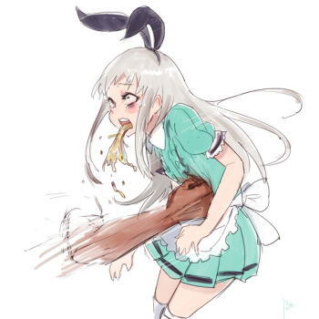 10s 13o 1boy abuse apron black_hairband blend_s bruise bruised_eye crossdressing crossdressing_(mtf) frills green_eyes hairband hate injury kanzaki_hideri long_hair male_focus open_mouth puffy_short_sleeves puffy_sleeves punching reverse_ryona ribbon ryona short_sleeves silver_hair sketch stile_uniform stomach_punch tears thighhighs trap vomit waist_apron waitress what bad_tag wide-eyed