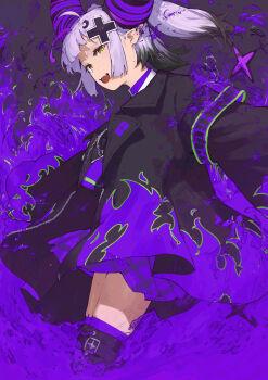 1girl absurdres black_hair boots commentary_request crescent demon_girl demon_horns from_side grey_hair hair_ornament highres hololive horns la+_darknesss la+_darknesss_(casual) long_sleeves multicolored_hair official_alternate_costume official_alternate_hairstyle open_mouth purple_hair purple_skirt shiloroshi skirt solo thick_thighs thighs virtual_youtuber x_hair_ornament yellow_eyes
