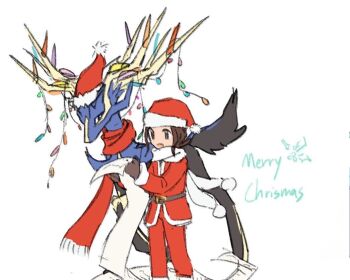 1girl :d alternate_costume belt brown_belt brown_eyes brown_hair gen_6_pokemon gloves harmony_(pokemon) hat holding holding_scroll jacket legendary_pokemon long_sleeves merry_christmas nintendo open_mouth pants pokemon pokemon_(creature) pokemon_legends:_z-a reading red_hat red_jacket red_pants santa_costume santa_hat scroll smile standing white_background xerneas xlii_idk