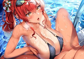 1boy 1girl absurdres azur_lane bare_shoulders belko bikini black_bikini blush breasts breasts_squeezed_together cleavage collarbone cum cum_on_body cum_on_breasts cum_on_upper_body goggles goggles_on_head hair_between_eyes hair_ornament hetero highres huge_breasts licking_lips long_hair looking_up o-ring open_mouth paizuri pool poolside red_hair side_ponytail sidelocks smile solo_focus swimsuit tongue tongue_out water wet yellow_eyes zara_(azur_lane) zara_(poolside_coincidence)_(azur_lane)