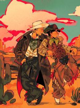 Rule 34 | 2boys, beard stubble, black hair, black pants, black shoes, blonde hair, brown coat, brown hat, brown jacket, brown pants, cactus, cloud, cloudy sky, coat, commentary, cowboy, cowboy hat, cowboy western, day, english commentary, facial hair, formula one, gabriel bortoleto, green shirt, hand on another's shoulder, hat, highres, jacket, leaning back, long sleeves, male focus, multiple boys, nico hulkenberg, outdoors, pants, real life, shirt, shoes, short hair, sky, sog goog, standing, stubble, western, white hat