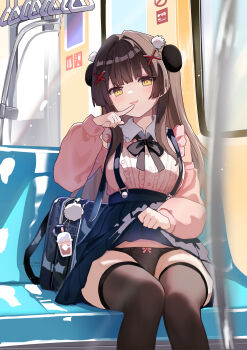 1girl absurdres bag bag_charm black_hair black_panties black_thighhighs blue_skirt blunt_bangs charm_(object) clothes_lift collared_shirt commentary_request finger_to_mouth hair_ornament highres index_finger_raised jirai_kei kkkula_(kula) legs_together lifting_own_clothes long_hair long_sleeves looking_at_viewer original overall_skirt panties pink_shirt pleated_skirt school_bag school_uniform shirt sidelocks sitting skirt skirt_lift smile solo thighhighs thighs train train_interior underwear x_hair_ornament yellow_eyes