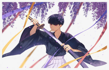 1boy 8083_blue black_hair blunt_bangs border closed_mouth collarbone commentary drawing_sword flower hakama hakama_skirt holding holding_sword holding_weapon hoshina_soshiro japanese_clothes kaijuu_no._8 katana long_sleeves looking_at_viewer male_focus red_eyes short_hair sideburns skirt solo sword twitter_username weapon white_border wide_sleeves wisteria