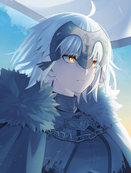 1girl absurdres ahoge armor armored_dress artist_name breasts chain commentary dress fate/grand_order fate_(series) fjfs522 hair_between_eyes headpiece highres jeanne_d&#039;arc_alter_(fate) short_hair solo symbol-only_commentary twitter_username white_hair yellow_eyes