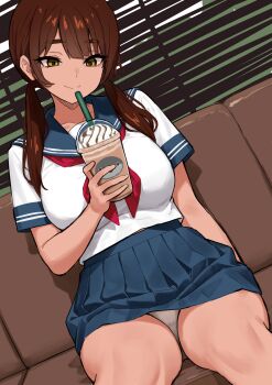 Rule 34 | 1girl, absurdres, blue sailor collar, blue skirt, breasts, brown eyes, brown hair, collarbone, couch, cup, disposable cup, drinking glass, drinking straw, highres, holding, holding cup, indoors, knees, large breasts, low twintails, medium hair, neckerchief, on couch, original, panties, pantyshot, red neckerchief, sacabambaspis, sailor collar, school uniform, serafuku, shirt, short sleeves, sitting, skirt, smile, solo, summer uniform, tanobou, thick thighs, thighs, twintails, underwear, white panties, white shirt