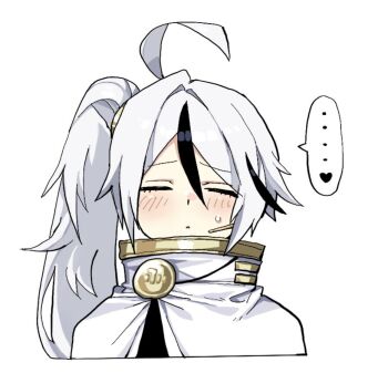 ... 1boy ahoge black_streaks blush brooch cape closed_eyes closed_mouth commentary_request earpiece gold_trim jewelry korean_commentary library_of_ruina long_hair multicolored_hair parted_lips project_moon side_ponytail simple_background solo speech_bubble stephe666q streaked_hair white_background white_cape white_hair yan_vismok