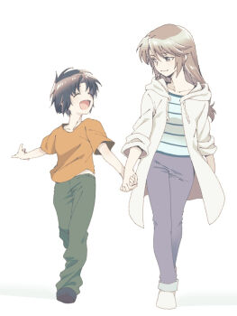 Rule 34 | 2boys, aged down, alternate universe, black hair, blue pants, blue shirt, brown hair, commentary request, facing another, holding hands, hood, hood down, hooded jacket, jacket, long hair, looking at another, makabe kazuki, male focus, minashiro soushi, multiple boys, nagi (exsit00), no scar, orange shirt, pants, shirt, short hair, simple background, smile, soukyuu no fafner, striped clothes, striped shirt, white background, white jacket