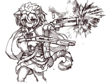 Rule 34 | 1girl, animal print, bow, bowtie, commentary, dual wielding, firing, greyscale, gun, hagoromo, highres, holding, holding gun, holding weapon, korean commentary, long sleeves, medium hair, monochrome, multicolored hair, rampa93, shawl, shell casing, shotgun, solo, streaked hair, tail, tiger print, tiger tail, toramaru shou, touhou, weapon, wide sleeves