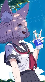 1girl :d absurdres animal_ear_fluff animal_ears black_sailor_collar black_skirt blue_archive blue_eyes blue_halo blue_sky blush bottle commentary_request fox_ears fox_girl from_side halo highres holding holding_bottle long_malin neckerchief niko_(blue_archive) open_mouth outdoors pink_hair plastic_bottle pleated_skirt pocari_sweat red_neckerchief sailor_collar school_uniform serafuku shirt short_hair skirt sky smile solo sweat upper_body water_bottle white_shirt
