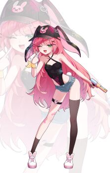 1girl absurdres asymmetrical_legwear bare_shoulders black_hat black_socks black_thighhighs blue_hair breasts charachan900 full_body green_eyes hanako_nana hand_up hat heart heart_o-ring highres holding holding_water_gun index_finger_raised long_hair looking_at_viewer multicolored_hair o-ring o-ring_thigh_strap one_eye_closed open_mouth pink_hair pointing pointing_at_self shoes short_shorts shorts simple_background small_breasts smile socks solo standing stellive streaked_hair swimsuit teeth thigh_strap thighhighs thighs uneven_legwear upper_teeth_only very_long_hair virtual_youtuber water_gun white_background white_shoes zoom_layer