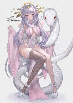 Rule 34 | animal, artist name, between breasts, black thighhighs, blush, breast curtains, breasts, cleavage cutout, clothing cutout, commentary request, fishnet thighhighs, fishnets, full body, furisode sleeves, giant snake, gradient eyes, grey hair, hair ornament, hair rings, hair stick, headpiece, highres, hitowa, long hair, long pointy ears, long sidelocks, mark under both eyes, microskirt, mizura, multicolored eyes, multicolored hair, nihongami, open mouth, original, oversized animal, pink sleeves, pink streaks, pointy ears, raised eyebrows, see-through clothes, see-through sleeves, shoes, sidelocks, signature, single fishnet legwear, single thighhigh, skirt, snake, strap between breasts, streaked hair, thick eyebrows, thighhighs, tongue, tongue out, twintails, twitter username, two-tone hair, white shoes, wide sleeves