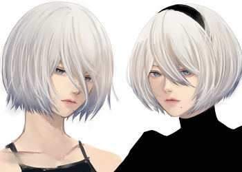 Rule 34 | 10h (nier reincarnation), 2b (nier:automata), 2girls, a2 (nier:automata), black gloves, blindfold, blue eyes, commentary, english commentary, gloves, highres, implied yuri, ipod, long hair, mitsuki nite, mp3 player, multiple girls, musical note, nier:automata, nier (series), nier reincarnation, short hair, white background, white hair