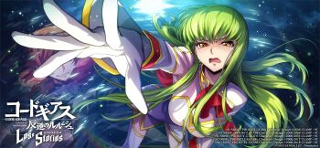 1girl apron blush bodysuit breasts c.c. code_geass code_geass:_fukkatsu_no_lelouch code_geass:_lost_stories commentary_request crying f4samurai gloves green_hair highres long_hair looking_at_viewer medium_breasts official_art red_apron sidelocks solo very_long_hair white_bodysuit white_gloves yellow_eyes