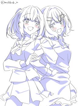 2girls :d amaori_haruna amaori_renako arm_hug ashigaya_high_school_uniform blush bow bowtie clothes_around_waist cowboy_shot hair_ornament hairclip highres kaneko_misaki lineart long_sleeves monochrome multiple_girls neckerchief open_mouth pleated_skirt ponytail school_uniform serafuku short_hair siblings signature sisters skirt small_sweatdrop smile sweater sweater_around_waist twitter_username watashi_ga_koibito_ni_nareru_wake_naijan_murimuri! x_hair_ornament