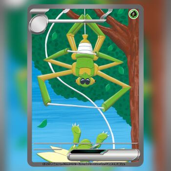 animal_focus blue_sky bug card_(medium) commentary company_name copyright_name copyright_notice day english_commentary gen_1_pokemon leaf nintendo no_humans official_art outdoors pokemon pokemon_(creature) pokemon_card pokemon_focus pokemon_tcg scyther sky spidops tanaka_miki tarountula textless_version third-party_source trading_card tree upside-down