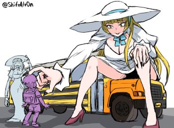1boy 2024 2girls adjusting_clothes adjusting_headwear age_difference annoyed artist_name backpack bag bare_legs black_hair black_lips black_nails blonde_hair blunt_bangs breasts bus capelet caplet choker cleavage closed_eyes commentary curly_hair dress fingernails foreshortening frilled_sleeves frills giant giantess happy hat height_difference high_heels japanese_text juliet_sleeves large_breasts large_hands long_eyelashes long_sleeves looking_at_another miss_eight_yard_(tonda) motor_vehicle multiple_girls open_mouth original outdoors own_hands_together petting puffy_sleeves pumps purple_shoes shadow sharp_fingernails sharp_teeth shirt shoes short_hair shorts simple_background sitting size_difference slit_pupils straight_hair strap sun_hat tall_female teeth tonda white_background white_dress white_hat yellow_eyes