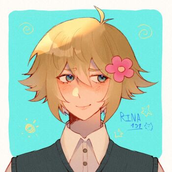 1boy antenna_hair artist_name basil_(faraway)_(omori) basil_(omori) blonde_hair blue_eyes blush closed_mouth collared_shirt commentary double-parted_bangs english_commentary flower green_sweater_vest hair_between_eyes hair_flower hair_ornament hashtag-only_commentary looking_at_viewer male_focus omori shirt short_hair sidelocks smile solo sweater_vest upper_body white_shirt x1aksi1s