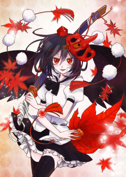 1girl black_hair bow female_focus hat lay leaf looking_at_viewer mask open_mouth red_eyes shameimaru_aya short_hair skirt smile solo sword tengu_mask thighhighs tokin_hat touhou weapon wings