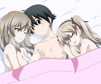 1boy absurdres aftersex bed breasts commentary commission commissioner_upload english_commentary ffm_threesome girls_und_panzer group_sex highres itou_makoto_(school_days) key_(gaigaigai123) large_breasts mother_and_daughter on_bed oyakodon_(sex) school_days second-party_source shimada_arisu shimada_chiyo threesome