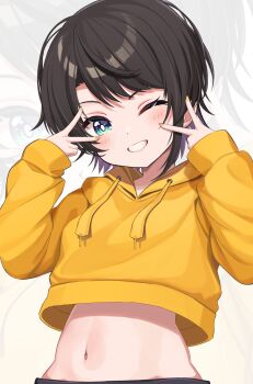 1girl ;d absurdres aqua_eyes black_hair bright_pupils commentary_request cropped_hoodie double_v grin highres hololive hood hoodie jianzefanya long_sleeves midriff navel one_eye_closed oozora_subaru open_mouth short_hair smile solo stomach upper_body v v_over_eye virtual_youtuber white_background white_pupils yellow_hoodie yellow_nails zoom_layer