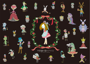 absolutely_everyone alice_(alice_in_wonderland) alice&#039;s_adventures_in_wonderland bill_the_lizard bird blue_eyes broom brown_hair cane card_soldier cat caterpillar caterpillar_(alice_in_wonderland) cheshire_cat_(alice_in_wonderland) crown crying dodo_(alice_in_wonderland) dormouse_(alice_in_wonderland) dress duchess english_text everyone fish fish_footman flamingo frog_footman glasses griffin hat hedgehog highres holding holding_scepter hookah king_of_hearts_(alice_in_wonderland) letter long_hair mad_hatter_(alice_in_wonderland) march_hare_(alice_in_wonderland) mock_turtle_(alice_in_wonderland) mushroom paintbrush pink_no_zou queen_of_hearts_(alice_in_wonderland) sailor scarf scepter smoking teapot the_gryphon top_hat white_rabbit_(alice_in_wonderland) wig