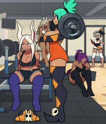 5girls animal_ears animated barbell bea_(pokemon) bleach boku_no_hero_academia boots bouncing_breasts bow breasts cat_ears cat_girl cerebella_(skullgirls) cleavage crossover dark-skinned_female dark_skin dress exercising eyepatch eyeshadow female_focus from_side full_body gen_4_pokemon ghislaine_dedoldia green_hair grey_hair gym hair_bow hairband hat high_heel_boots high_heels indoors knee_pads large_breasts lipstick long_hair makeup mirko muds multiple_crossover multiple_girls mushoku_tensei nintendo pokemon pokemon_swsh ponytail red_eyes rotom rotom_phone shihouin_yoruichi short_dress short_hair shorts sitting skullgirls smile socks squat_(exercise) squatting sweat tagme tank_top thick_thighs thighhighs thighs trait_connection unworn_hat unworn_headwear vice-versa_(skullgirls) video weightlifting weights
