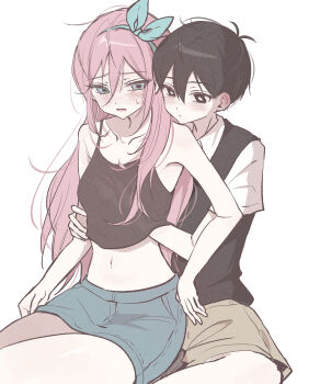 1boy 1girl absurdres antenna_hair aqua_eyes aqua_hairband aubrey_(faraway)_(omori) aubrey_(omori) bare_arms bare_shoulders behind_another black_camisole black_eyes black_hair black_sweater_vest blue_skirt blush bow_hairband breasts brown_shorts camisole cleavage closed_mouth collarbone collared_shirt commentary commentary_request cowboy_shot cowlick denim denim_skirt double-parted_bangs english_commentary expressionless eyes_visible_through_hair film_grain grabbing_another's_breast grabbing_from_behind groping hair_behind_ear hair_between_eyes hairband hand_under_clothes hand_under_shirt head_on_another's_shoulder hetero highres long_hair long_sidelocks looking_at_another looking_down messy_hair midriff miniskirt mixed-language_commentary navel nose_blush omori open_mouth pale_skin pink_hair pocket raised_inner_eyebrows shirt short_hair short_sleeves shorts sidelocks sideways_glance simple_background sitting skinny skirt small_breasts straight_hair sunny_(omori) sweatdrop sweater_vest tsurime very_long_hair very_short_hair white_background white_shirt wktdms1