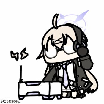 1girl ahoge animated animated_gif blue_archive glasses halo headphones headset kneeling kotama_(blue_archive) long_hair lowres necktie radio_antenna seseren