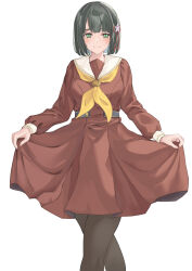 Rule 34 | 1girl, averting eyes, black hair, black pantyhose, blunt bangs, blunt ends, breasts, brown dress, carskey, closed mouth, cowboy shot, dress, feet out of frame, flower, flower knot, green eyes, hair flower, hair ornament, hashtag-only commentary, hasu no sora school uniform, highres, link! like! love live!, long sleeves, looking to the side, love live!, medium breasts, medium dress, momose ginko, neckerchief, pantyhose, pleated dress, sailor collar, sailor dress, school uniform, short hair, sideways glance, simple background, skirt hold, smile, solo, split mouth, virtual youtuber, white background, white sailor collar, winter uniform, yellow neckerchief