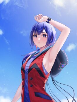 1girl absurdres arm_up armpits blue_eyes blue_hair blue_sky breasts bright_pupils cloud eyebrows_hidden_by_hair hair_between_eyes highres kamitsubaki_studio kizakura_art light looking_at_viewer medium_breasts multicolored_hair pink_hair rim_(kamitsubaki_studio) short_hair sky sleeveless solo sunlight upper_body virtual_youtuber