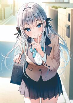 1girl black_bow black_skirt blue_bow blue_bowtie blue_eyes blush bow bowtie breasts brown_jacket closed_mouth collared_shirt commentary_request cowboy_shot day eyelashes floating_hair grey_hair hair_between_eyes hair_bow hair_intakes hair_over_shoulder hand_up highres index_finger_raised jacket kuro_futoshi large_breasts leaning_forward long_hair long_sleeves looking_at_viewer miniskirt original outdoors perspective pleated_skirt road school_uniform shirt sidelocks skirt smile solo split_mouth very_long_hair white_shirt