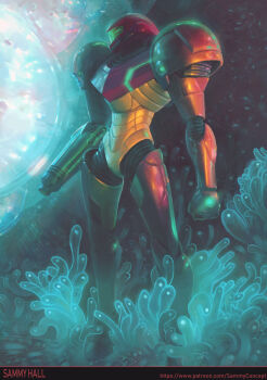 1girl arm_cannon armor artist_name assault_visor clenched_hand full_armor highres metroid multicolored_armor nintendo patreon_username power_armor power_suit_(metroid) red_armor sammy_hall samus_aran third-party_source varia_suit weapon