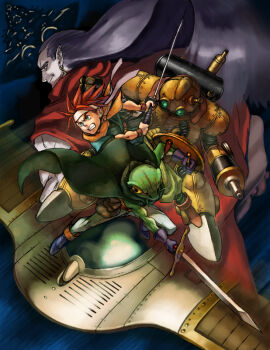 4boys cape chrono_trigger cloak closed_mouth crono_(chrono_trigger) earrings epoch frog_(chrono_trigger) gloves headband holding holding_sword holding_weapon jewelry long_hair looking_at_viewer magus_(chrono_trigger) multiple_boys pointy_ears purple_hair robo_(chrono_trigger) robot smile sword weapon yapo_(croquis_side)