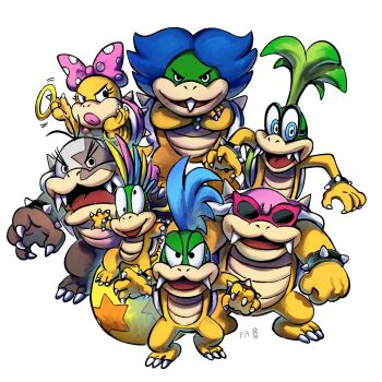 1girl 6+boys armlet ball blue_hair bow claws colored_skin fangs green_hair highres iggy_koopa jewelry larry_koopa lemmy_koopa looking_at_viewer ludwig_von_koopa mari_luijiroh mario_(series) masanori_sato_(style) morton_koopa_jr. multiple_boys nintendo pink_bow pink_lips roy_koopa simple_background spiked_armlet sunglasses wendy_o._koopa white_background yellow_skin