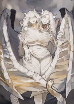 Rule 34 | 1girl, absurdres, breasts, broken wing, claws, closed eyes, colored eyelashes, commentary request, conjoined, dragon girl, dragon horns, dragon tail, dragon wings, dragonlord placidusax, elden ring, feet out of frame, genderswap, genderswap (mtf), grin, hair intakes, hand on own hip, hand on own wing, highres, horns, large breasts, long hair, miao jiangyou, multiple heads, pale skin, sharp teeth, smile, solo, storm cloud, tail, teeth, white eyelashes, white eyes, wings