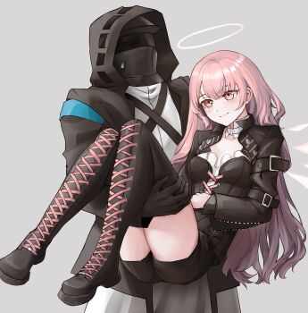 1girl absurdres arknights black_corset black_gloves black_jacket boots carrying corset doctor_(arknights) gloves grey_background highres hood hooded_coat jacket lace-up_boots lemuen_(arknights) long_hair neti_(cpu11151) pink_eyes pink_hair princess_carry thigh_boots