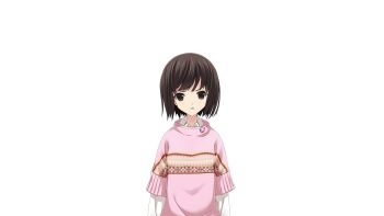 1girl angry bob_cut brown_eyes brown_hair chaos;child child collared_shirt game_cg highres looking_at_viewer matsuo_yukihiro non-web_source official_art open_mouth pink_sweater science_adventure shirt short_hair solo sprite sweater swept_bangs tachibana_yui transparent_background white_shirt