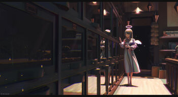 Rule 34 | 1girl, absurdres, angel, angel wings, barefoot, brown hair, carpet, ceiling light, counter, different reflection, dress, full body, halo, hand up, highres, holding, holding plant, horns, indoors, jar, light bulb, lights, long hair, night, original, plant, potted plant, red eyes, reflection, shadow, solo, window, wings, xtears kitsune