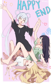 Rule 34 | 3girls, @ @, barefoot, black shirt, blonde hair, cho kaguya-hime!, closed eyes, commentary, english commentary, english text, green eyes, green shorts, hair rings, heart, highres, holding hands, interlocked fingers, kaguya (cho kaguya-hime!), long hair, multiple girls, open mouth, pink background, pink eyes, pink shorts, purple hair, runami yachiyo, sakayori iroha, shirt, shorts, smile, toes, traum, twintails, white hair, white shirt, yuri
