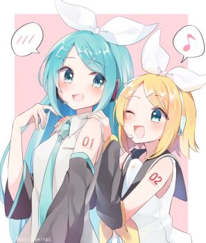2girls :d aqua_hair aqua_nails aqua_necktie arm_tattoo black_sailor_collar blonde_hair blue_eyes blush border borrowed_hairstyle bow collared_shirt commentary_request detached_sleeves eighth_note from_side grey_shirt hair_bow hair_ornament hairclip hatsune_miku headphones headset height_difference highres kagamine_rin long_hair mani_(manidrawings) medium_hair multiple_girls musical_note nail_polish neckerchief necktie number_tattoo one_eye_closed open_mouth outside_border parallel_hairclips parted_bangs pink_background sailor_collar shirt sidelocks simple_background sleeveless sleeveless_shirt smile spoken_blush spoken_musical_note tattoo treble_clef twitter_username vocaloid white_border white_bow white_shirt yellow_nails yellow_neckerchief