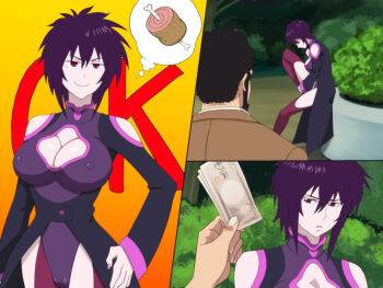 10s 1girl 4st_injection beard breasts cameltoe cleavage cleavage_cutout clothing_cutout detached_collar dress covered_erect_nipples facial_hair food holding large_breasts legs leotard liebert long_sleeves majin_bone money outdoors park parted_lips prostitution purple_hair red_eyes sequential short_hair sitting smile solo_focus standing thighhighs thighs thinking