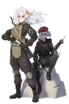 absurdres alpha_(alpha_1918) an-94 assault_rifle belt belt_pouch beret black_gloves blush boots cargo_pants chevron_(symbol) clenched_hand combat_boots commission commissioner_upload concealed_weapon cross dagger dragunov_svd facial_scar fingerless_gloves first_aid_kit floating_hair fluffkaiser fluffy_hair furrowed_brow gloves gun hair_ornament hat hidden_blade_(assassin&#039;s_creed) highres holding holding_gun holding_sword holding_weapon insignia jacket knee_pads knife lace-up_boots long_hair medium_hair military_combat_uniform military_fatigues military_hat military_jacket military_uniform mother_and_daughter name_tag narrowed_eyes non-web_source original orthodox_cross pants patch pouch red_eyes rifle rock russia russian_empire russian_flag russian_imperial_legion russo-ukrainian_war scar scar_on_cheek scar_on_face scorpions_(paramilitary) serbian_black_hand serbian_flag shadow shadowed shashka sheath sitting skorpion_vz._61 sniper_rifle sputnik_and_pogrom standing submachine_gun suppressor sword translated unsheathing weapon white_background white_hair zarya_petrovic zastava_m76