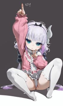 1girl absurdres arm_up beads black_bow black_hairband blue_eyes blunt_bangs bow dragon_girl dragon_horns dragon_tail dress full_body hair_beads hair_bow hair_ornament hairband highres horns index_finger_raised kanna_kamui loli long_hair long_sleeves looking_at_viewer low_twintails miss_kobayashi&#039;s_dragon_maid no_shoes panties pantyshot pointing purple_hair simple_background sitting solo spread_legs tail thighhighs twintails underwear v white_panties white_thighhighs yoko-chan_(mijizukeyoko)