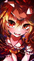 Rule 34 | 1other, absurdres, ascot, blonde hair, cowboy shot, fangs, flandre scarlet, from above, harii (janib5kc), hat, highres, medium hair, mob cap, open mouth, red eyes, side ponytail, solo, touhou, yellow ascot