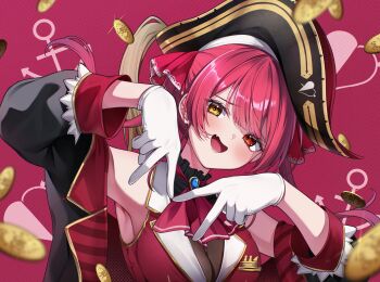 1girl absurdres armpits breasts chameleon_(chameleon0613) cleavage double_v fang gloves hands_up hat heterochromia highres hololive houshou_marine long_hair long_sleeves looking_at_viewer open_mouth pirate pirate_hat red_background red_eyes red_hair sleeveless smile solo upper_body v virtual_youtuber white_gloves yellow_eyes